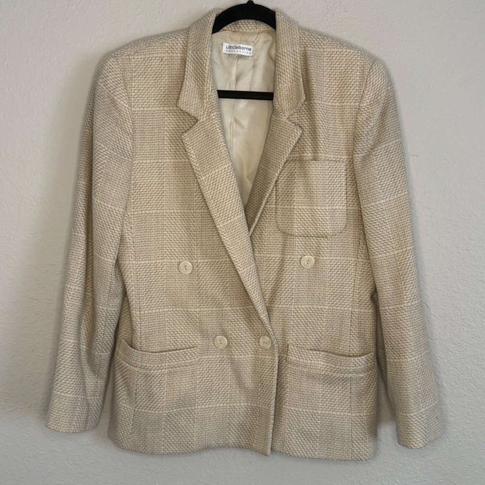 Vintage Old Money Dark Academia Union Wool Double Breasted Blazer Cream Women 8
